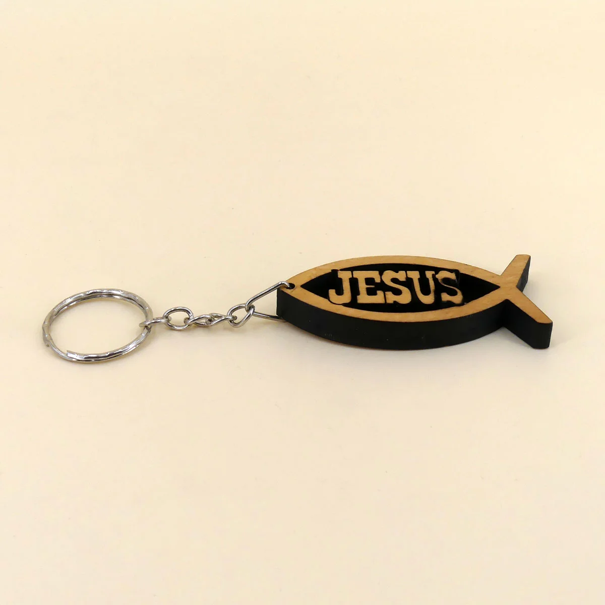 Schlüsselanhänger Fisch JESUS-Schriftzug aus Bethlehem Olivenholz