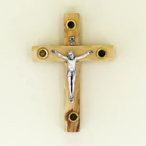Wandkreuz mit Erde aus Bethlehem Olivenholz 12 cm