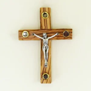 Wandkreuz mit Erde aus Bethlehem Olivenholz 12 cm