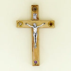 Wandkreuz mit Erde aus Bethlehem Olivenholz 12 cm