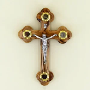 Wandkreuz mit Erde aus Bethlehem Olivenholz 14 cm