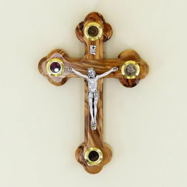 Wandkreuz mit Erde aus Bethlehem Olivenholz 14 cm