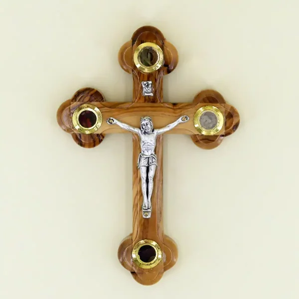 Wandkreuz mit Erde aus Bethlehem Olivenholz 14 cm