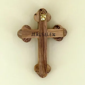 Wandkreuz mit Erde aus Bethlehem Olivenholz 14 cm