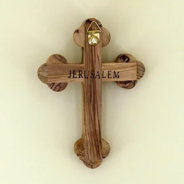 Wandkreuz mit Erde aus Bethlehem Olivenholz 14 cm