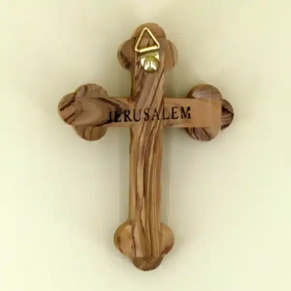 Wandkreuz mit Erde aus Bethlehem Olivenholz 14 cm