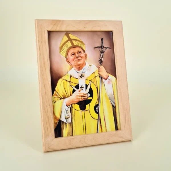 Papst Johannes Paul II Bild mit Kreuz im Rahmen Papst Johannes Paul II Bild mit Kreuz im Holzrahmen, ideal zum Aufstellen oder Aufhängen, inkl. Aufhänger hinten.