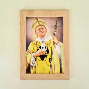 Papst Johannes Paul II Bild mit Kreuz im Holzrahmen, ideal zum Aufstellen oder Aufhängen, inkl. Aufhänger hinten.