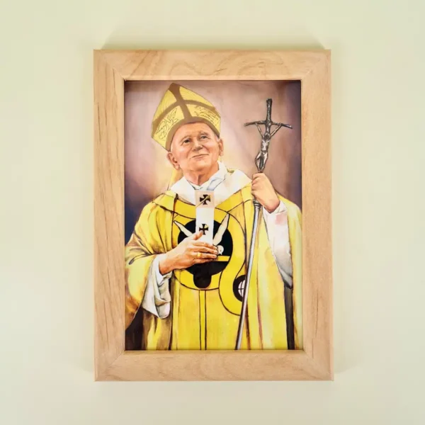 Papst Johannes Paul II Bild mit Kreuz im Holzrahmen, ideal zum Aufstellen oder Aufhängen, inkl. Aufhänger hinten.