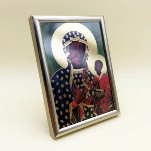 Schwarze Madonna aus Tschenstochau Bild mit Goldfoliendruck; in silberfarbenem Rahmen, ideal zum Aufstellen oder Aufhängen.