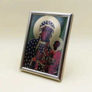 Schwarze Madonna aus Tschenstochau Bild mit Goldfoliendruck; in silberfarbenem Rahmen, ideal zum Aufstellen oder Aufhängen.