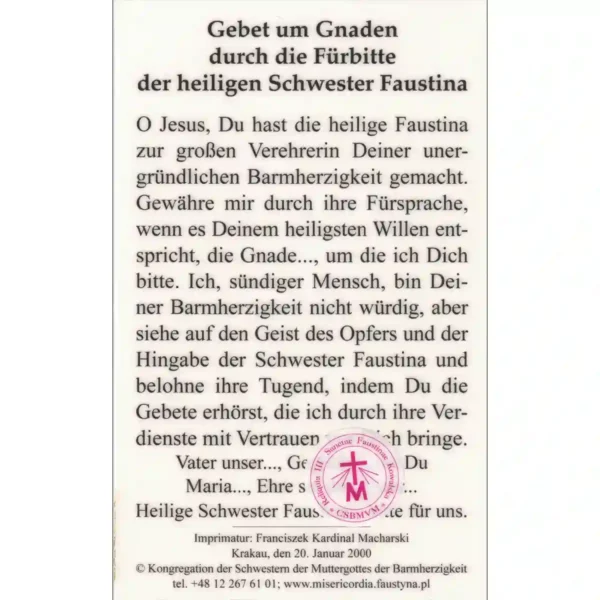 Gebet zur heiligen Schwester Faustina mit Reliquie